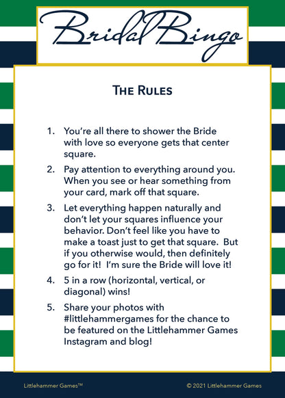 Bridal Bingo rules card on a green and navy-striped background
