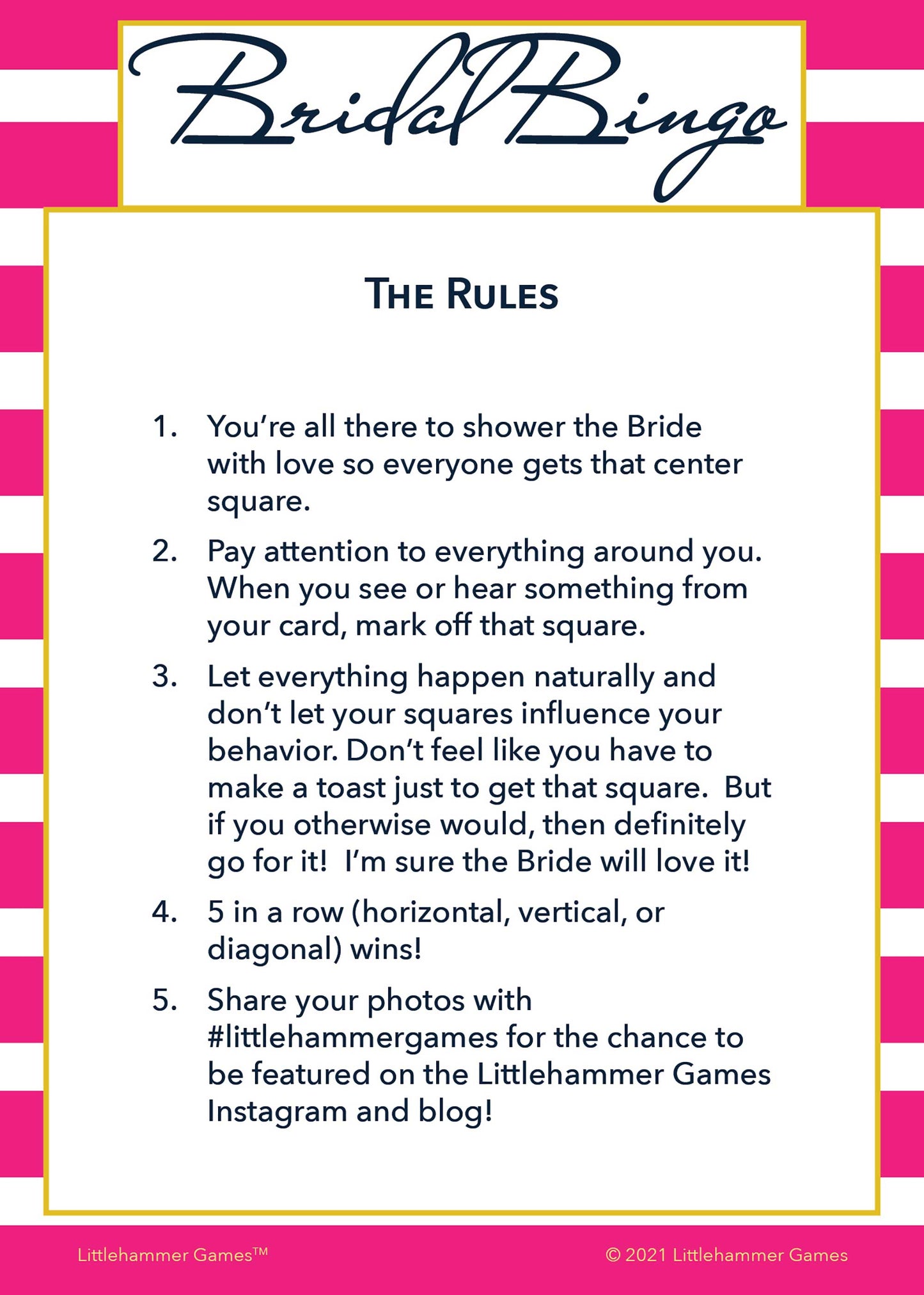 Bridal Bingo rules card on a hot pink-striped background