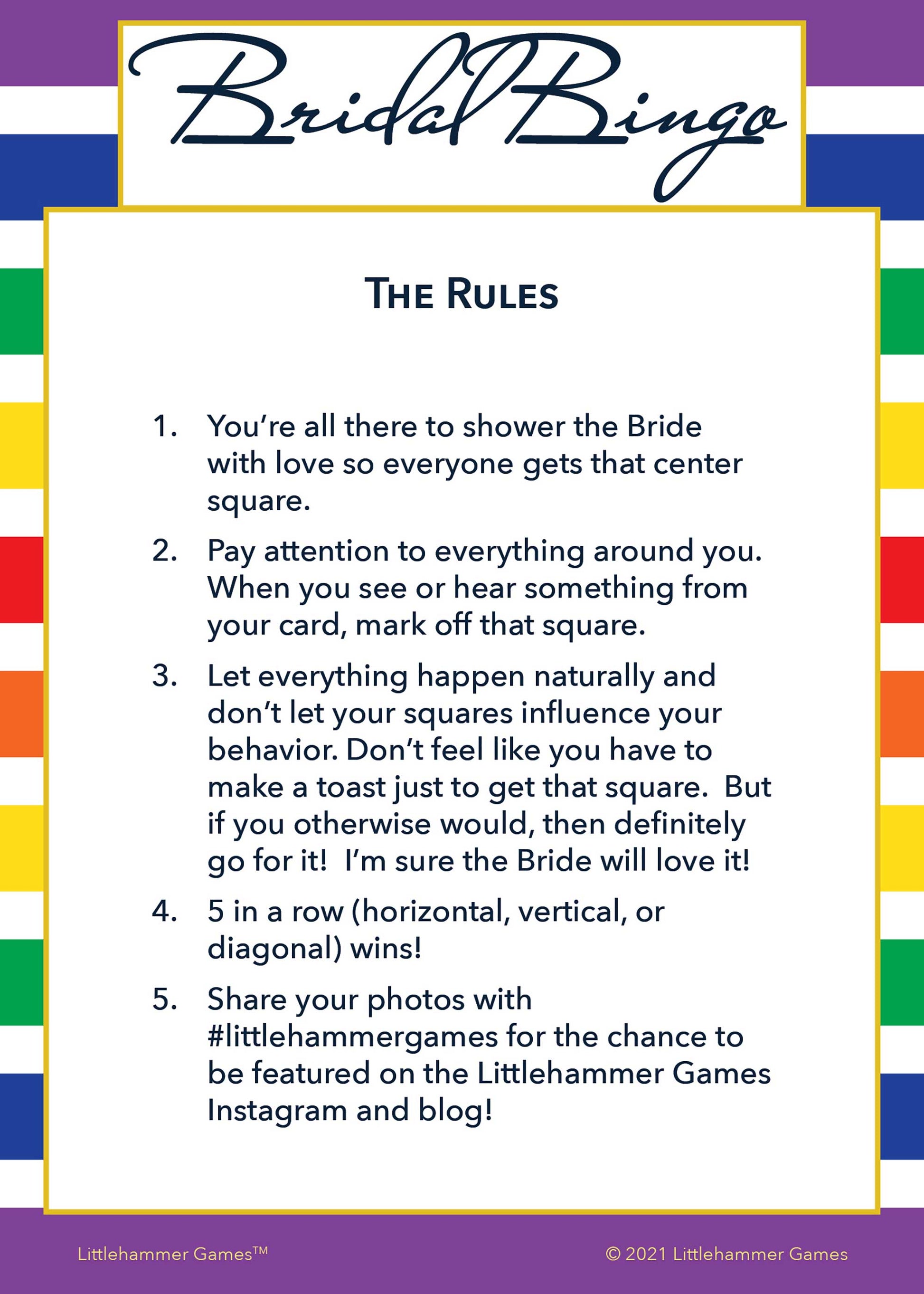 Bridal Bingo rules card on a rainbow-striped background