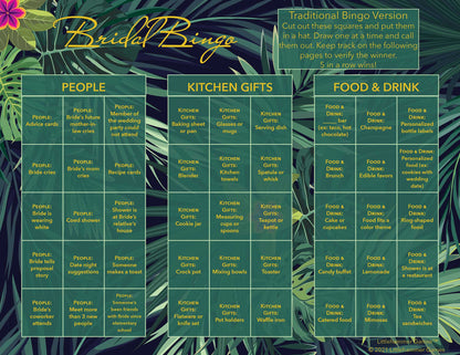 Bridal Bingo calling card with gold text on a tropical background