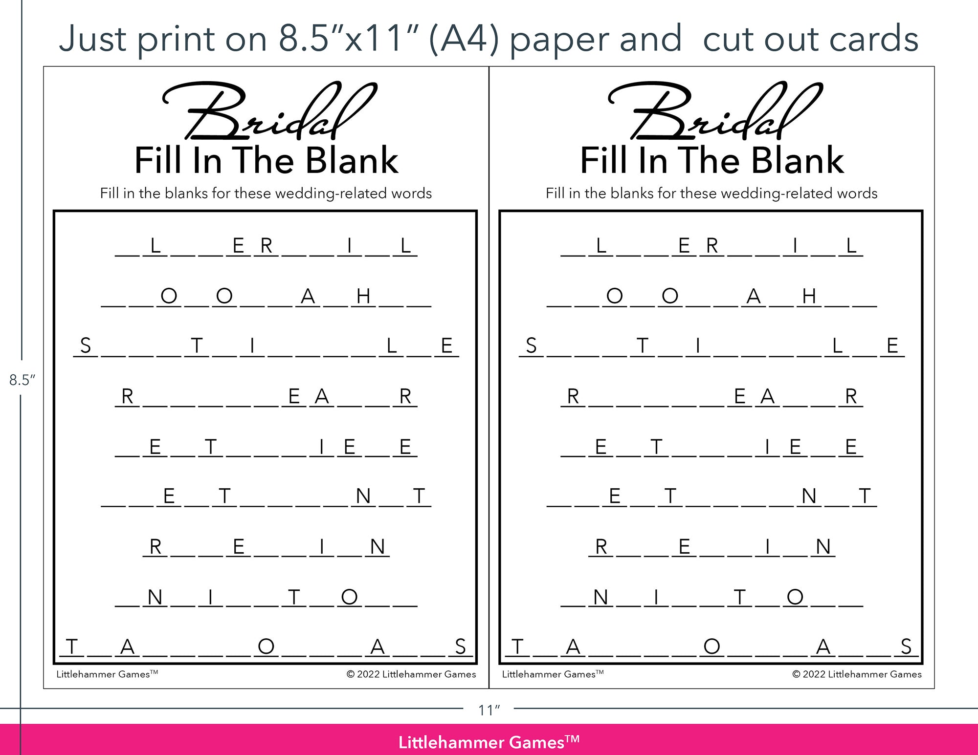 Bridal Fill in the Blank black and white game cards with printing instructions
