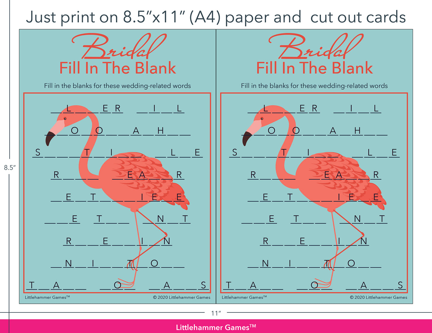 Bridal Fill in the Blank flamingo game cards with printing instructions