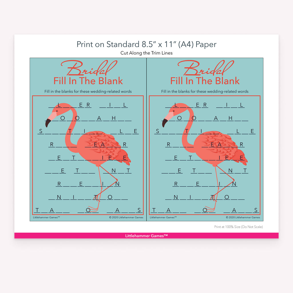 Printable flamingo-themed Bridal Fill in the Blank game card layout showing US Letter size dimensions and printing information