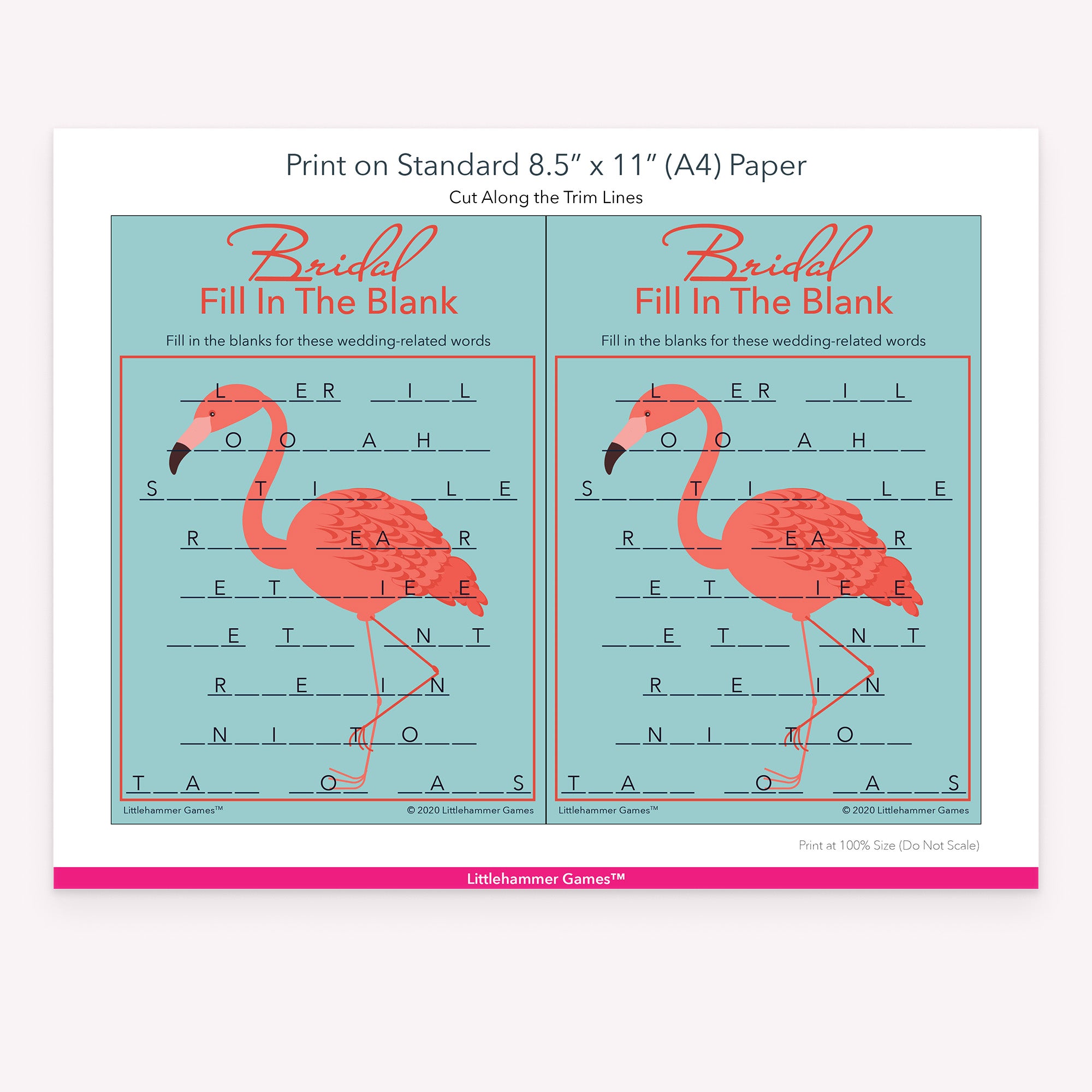 Bridal Fill in the Blank flamingo game cards with printing instructions