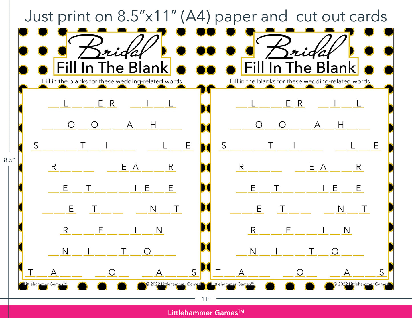 Bridal Fill in the Blank black and gold polka dot game cards with printing instructions