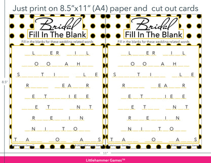 Bridal Fill in the Blank black and gold polka dot game cards with printing instructions