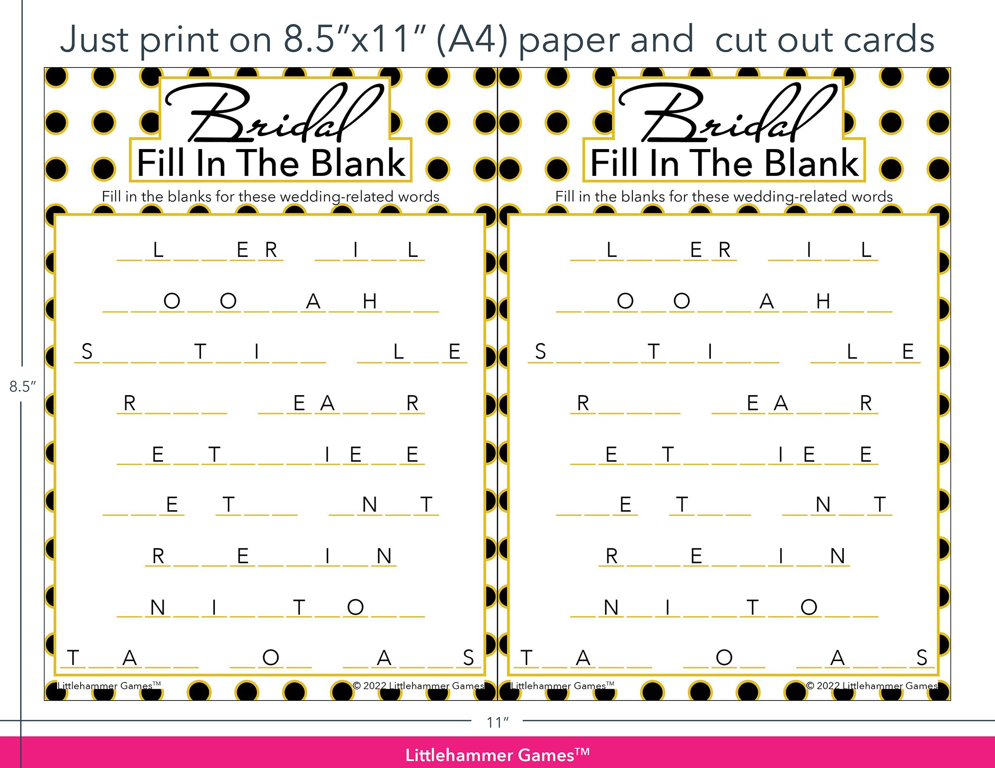Bridal Fill in the Blank black and gold polka dot game cards with printing instructions