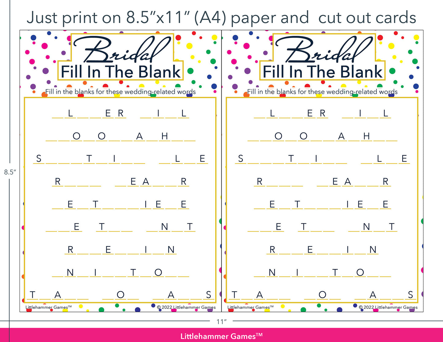 Bridal Fill in the Blank rainbow polka dot game cards with printing instructions