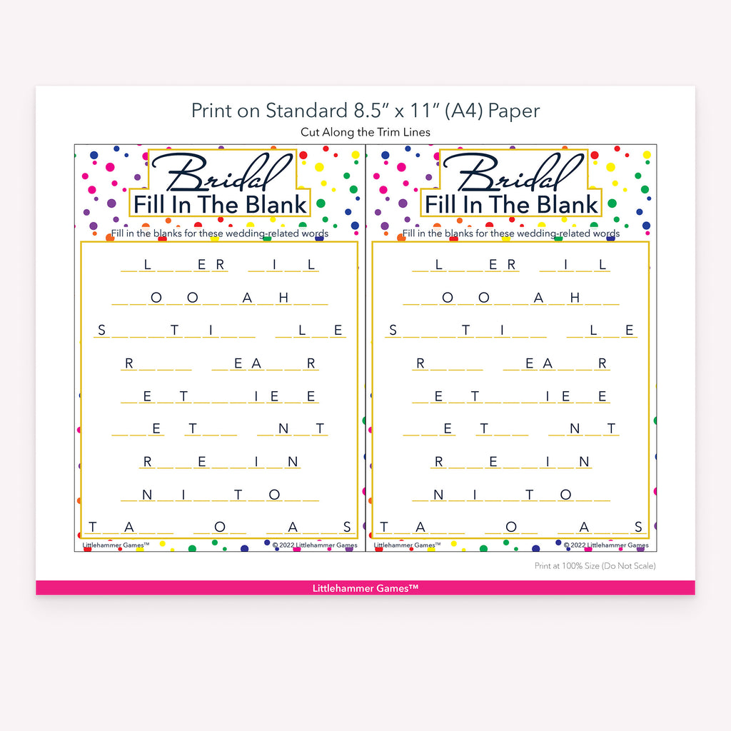 Bridal Fill in the Blank rainbow polka dot game cards with printing instructions