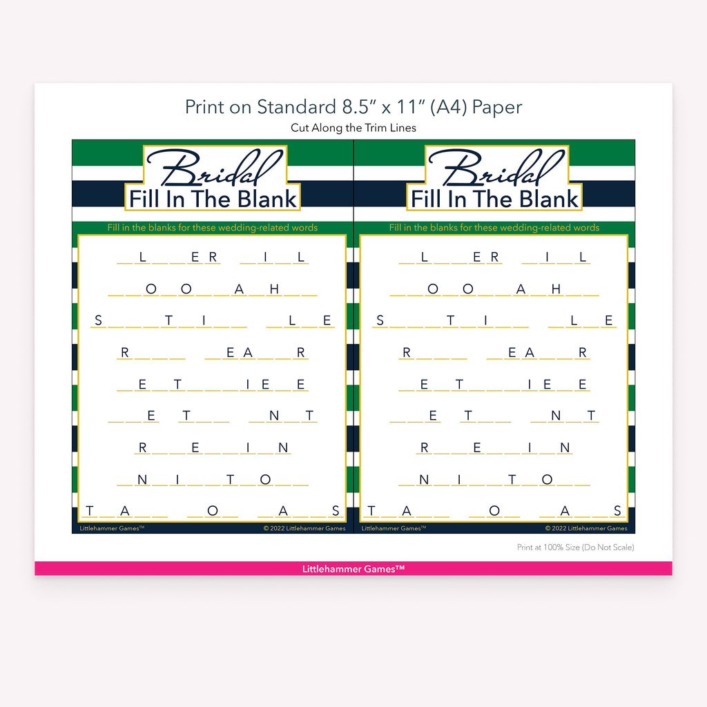 Printable green and navy stripe Bridal Fill in the Blank game card layout showing US Letter size dimensions and printing information