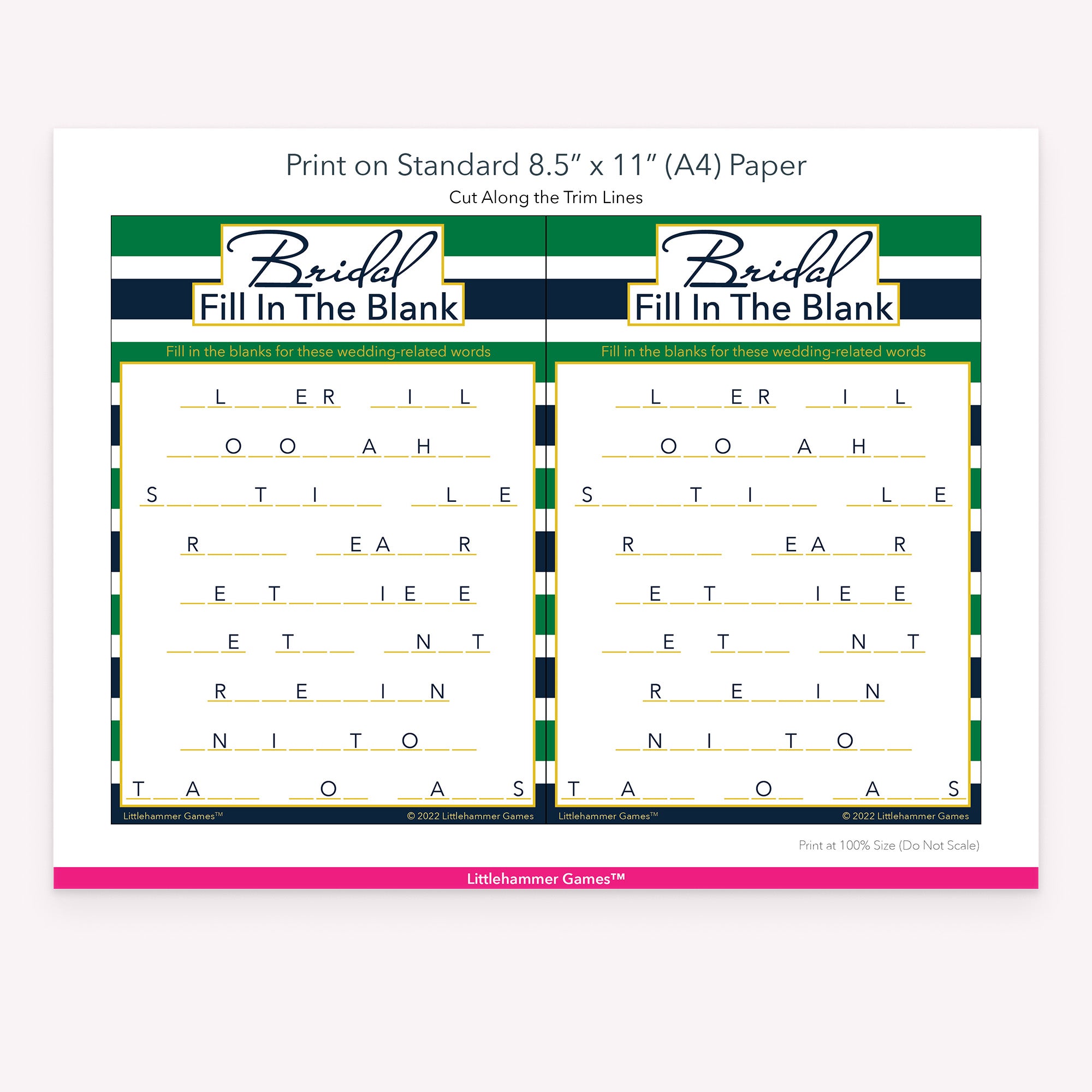 Printable green and navy stripe Bridal Fill in the Blank game card layout showing US Letter size dimensions and printing information
