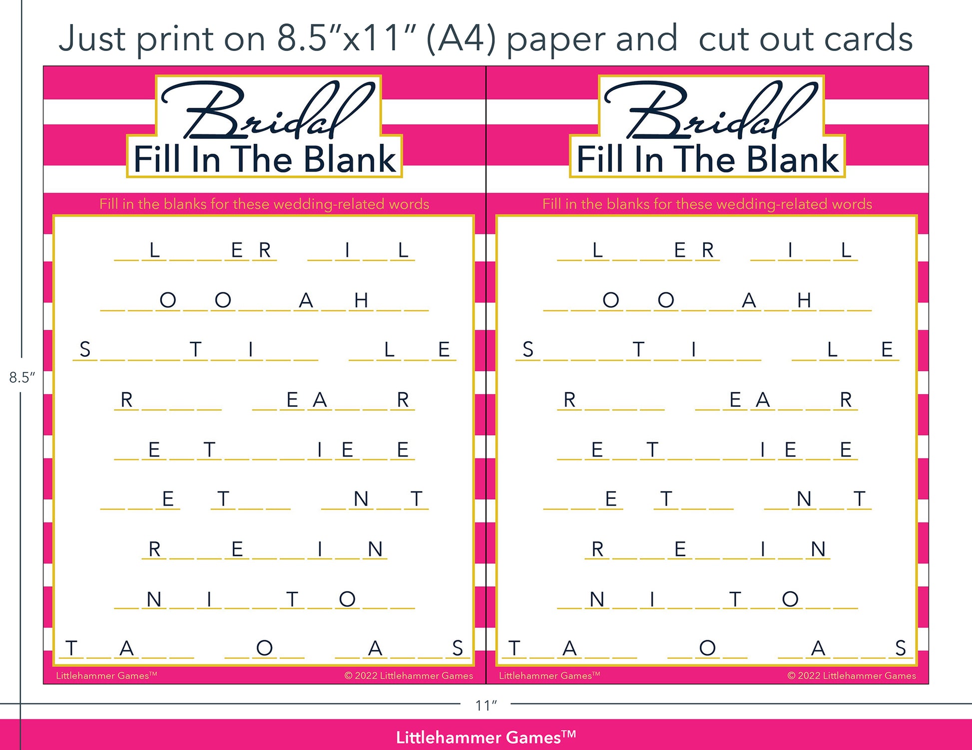 Bridal Fill in the Blank pink-striped game cards with printing instructions