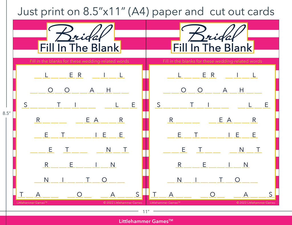 Bridal Fill in the Blank pink-striped game cards with printing instructions
