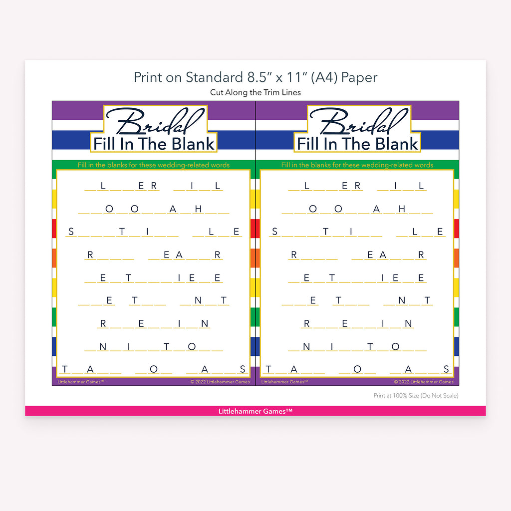 Bridal Fill in the Blank rainbow-striped game cards with printing instructions