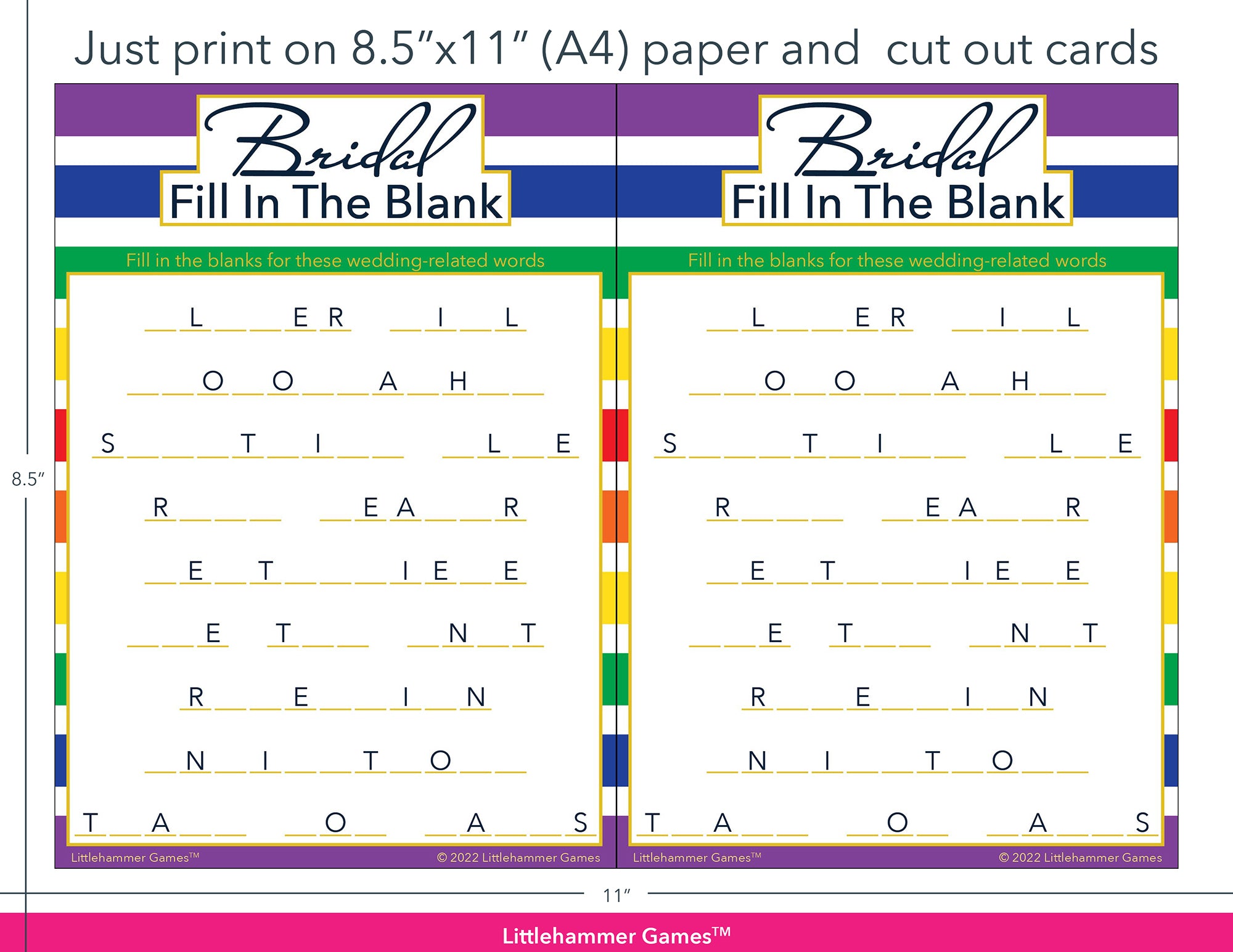 Bridal Fill in the Blank rainbow-striped game cards with printing instructions