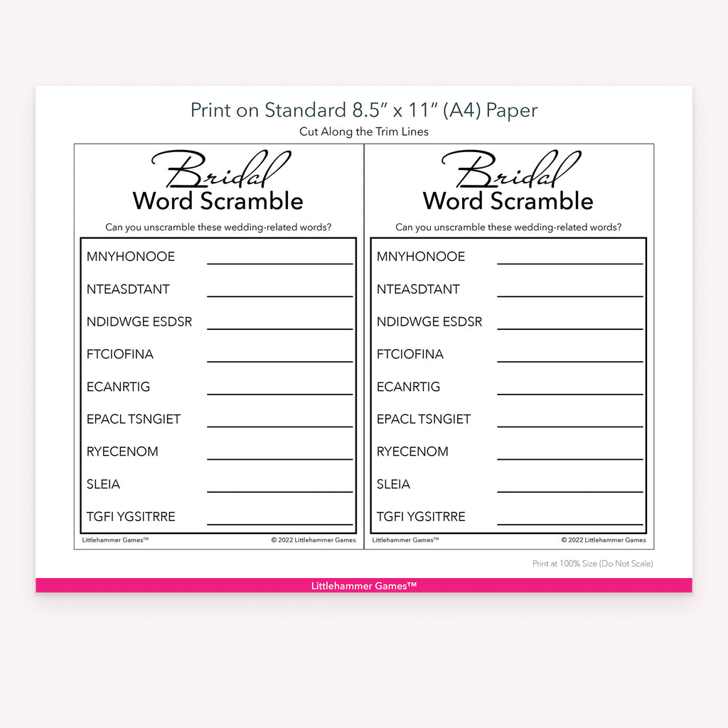 Bridal Word Scramble black and white game cards with printing instructions