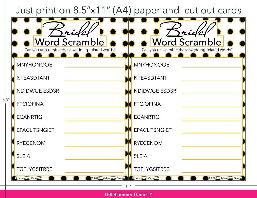Bridal Word Scramble black and gold polka dot game cards with printing instructions