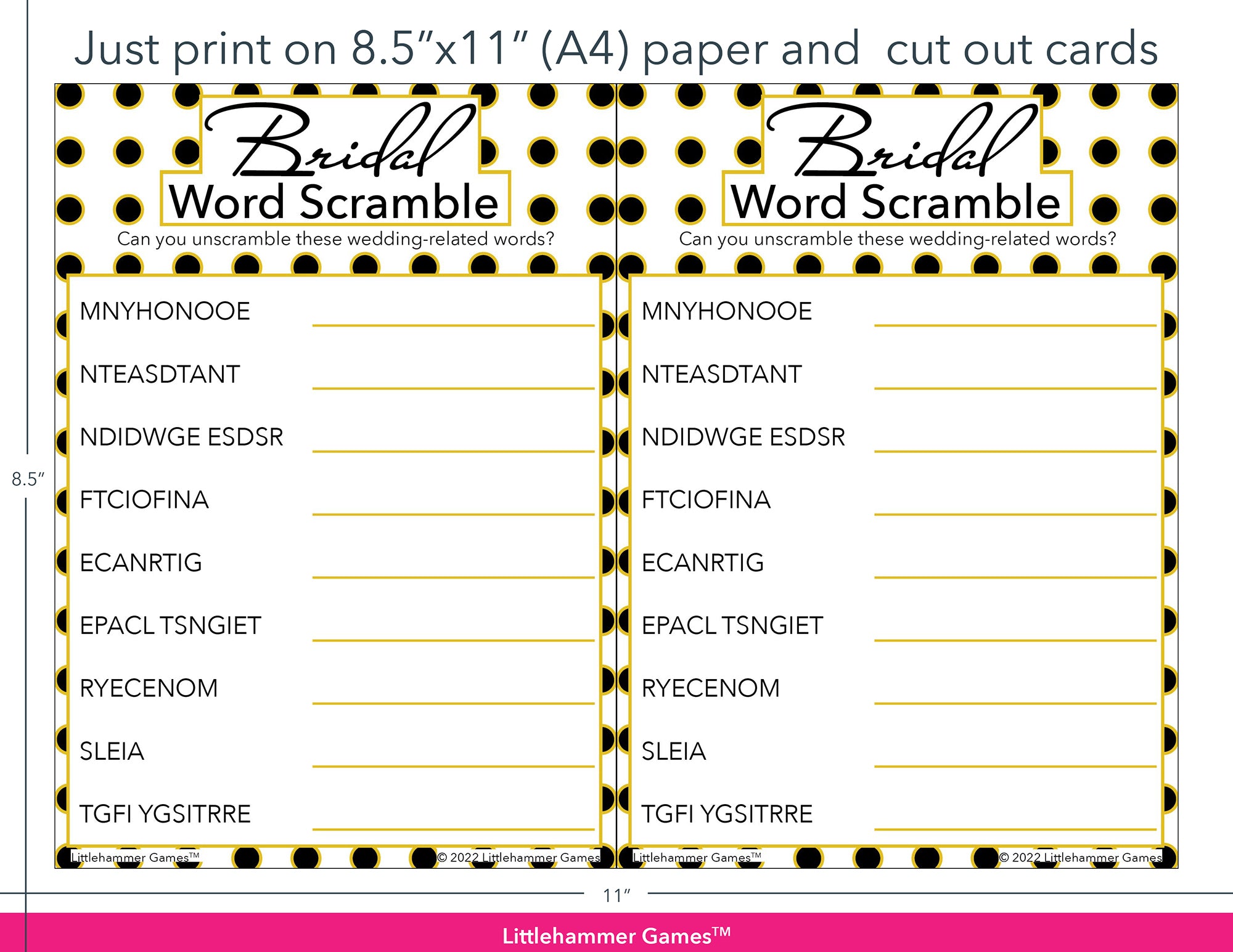 Bridal Word Scramble black and gold polka dot game cards with printing instructions