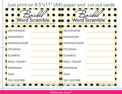 Bridal Word Scramble black and gold polka dot game cards with printing instructions