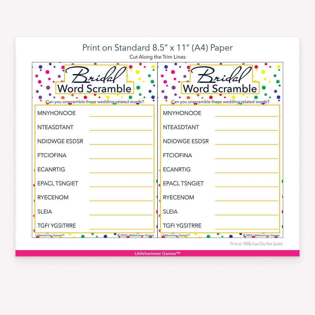 Bridal Word Scramble rainbow polka dot game cards with printing instructions