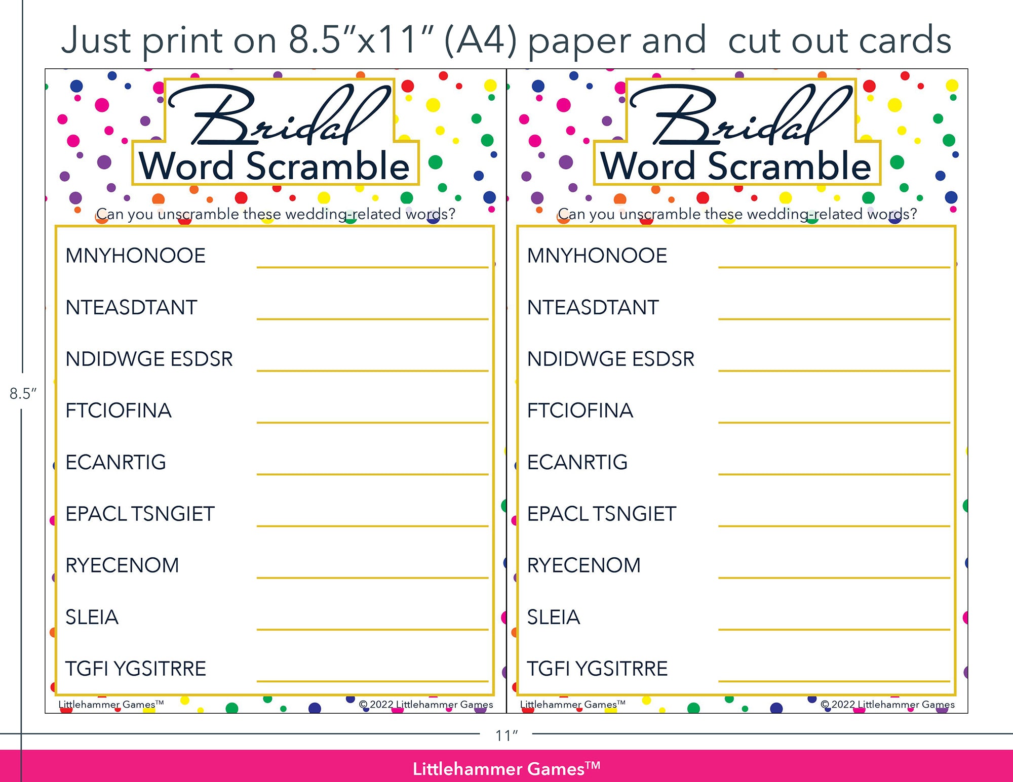 Bridal Word Scramble rainbow polka dot game cards with printing instructions