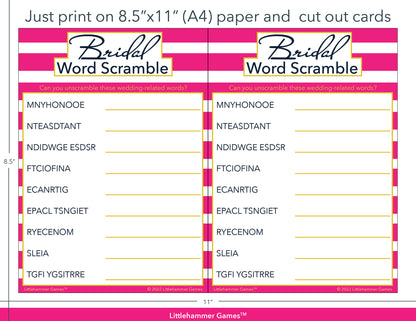 Bridal Word Scramble pink-striped game cards with printing instructions