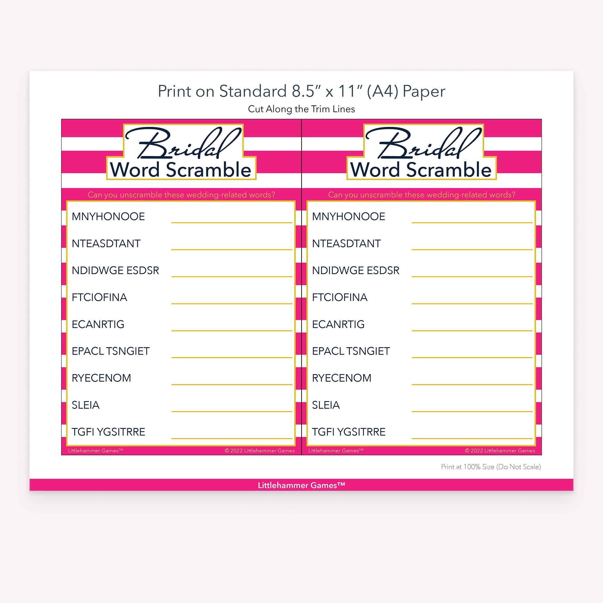 Printable hot pink stripe Bridal Word Scramble game card layout showing US Letter size dimensions and printing information
