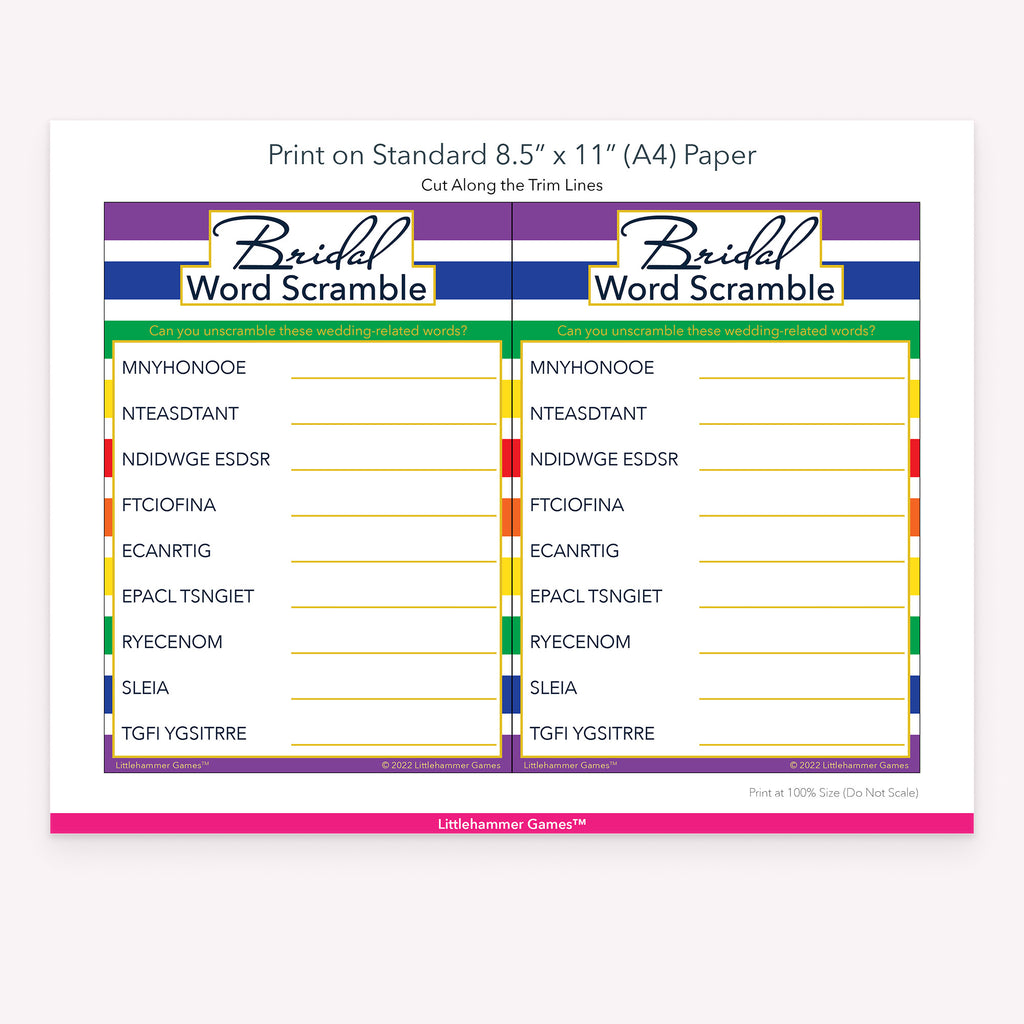 Bridal Word Scramble rainbow-striped game cards with printing instructions