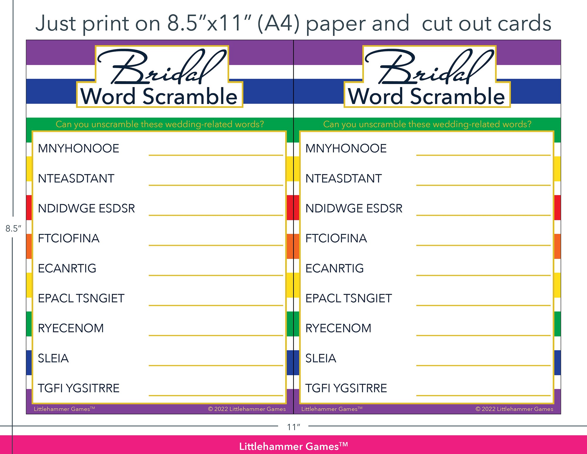 Bridal Word Scramble rainbow-striped game cards with printing instructions