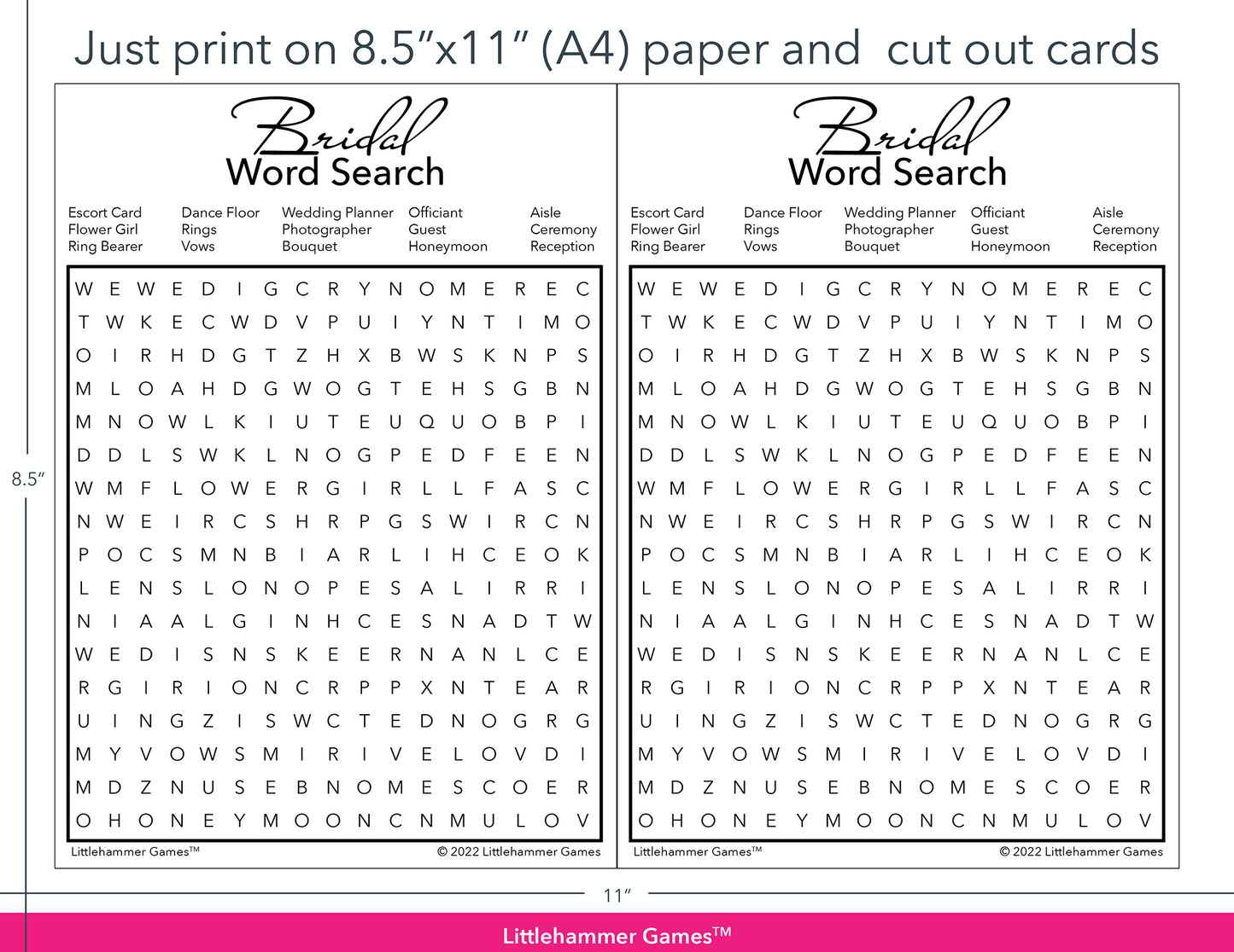 Bridal Word Search black and white game cards with printing instructions