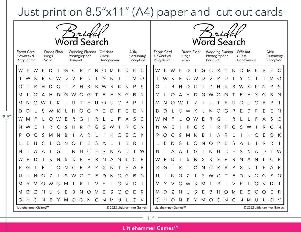 Bridal Word Search black and white game cards with printing instructions