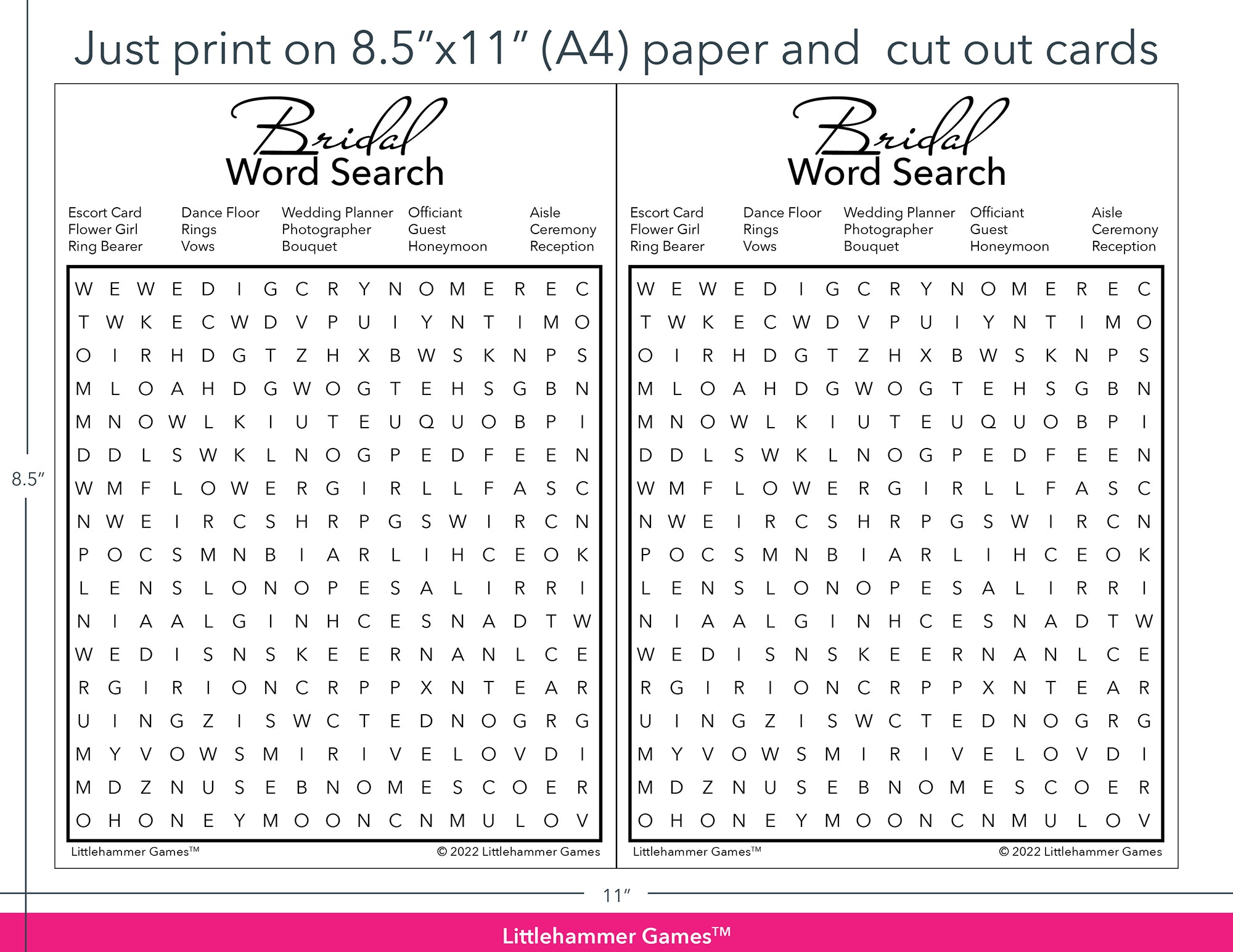 Bridal Word Search black and white game cards with printing instructions