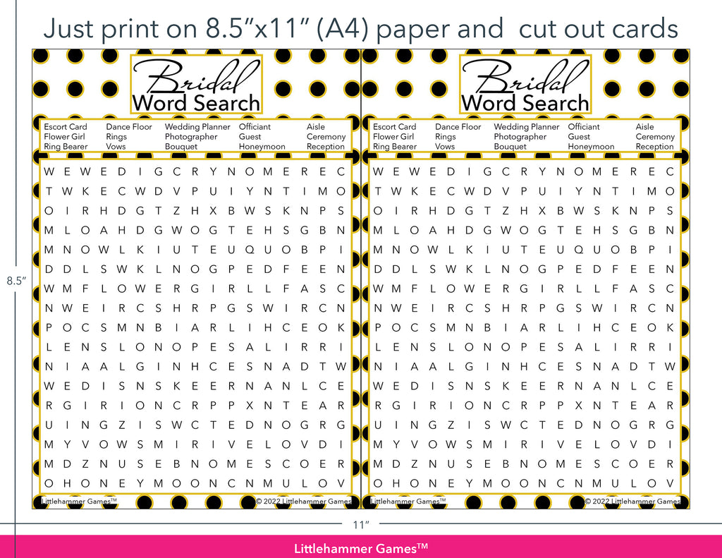 Bridal Word Search black and gold polka dot game cards with printing instructions