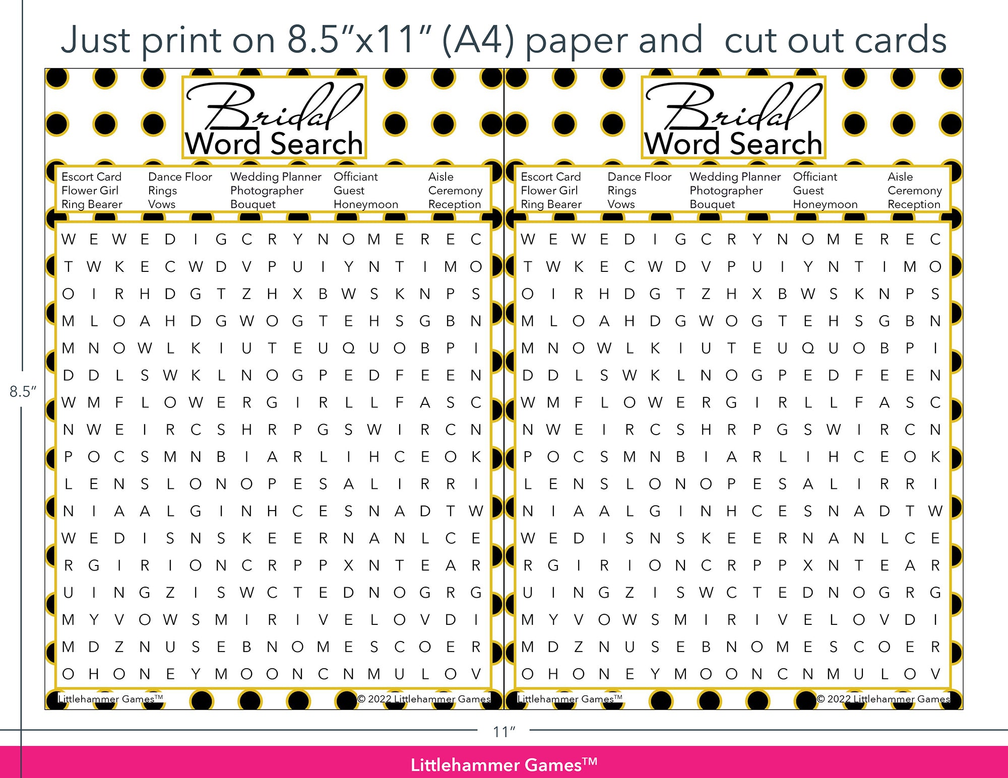 Bridal Word Search black and gold polka dot game cards with printing instructions