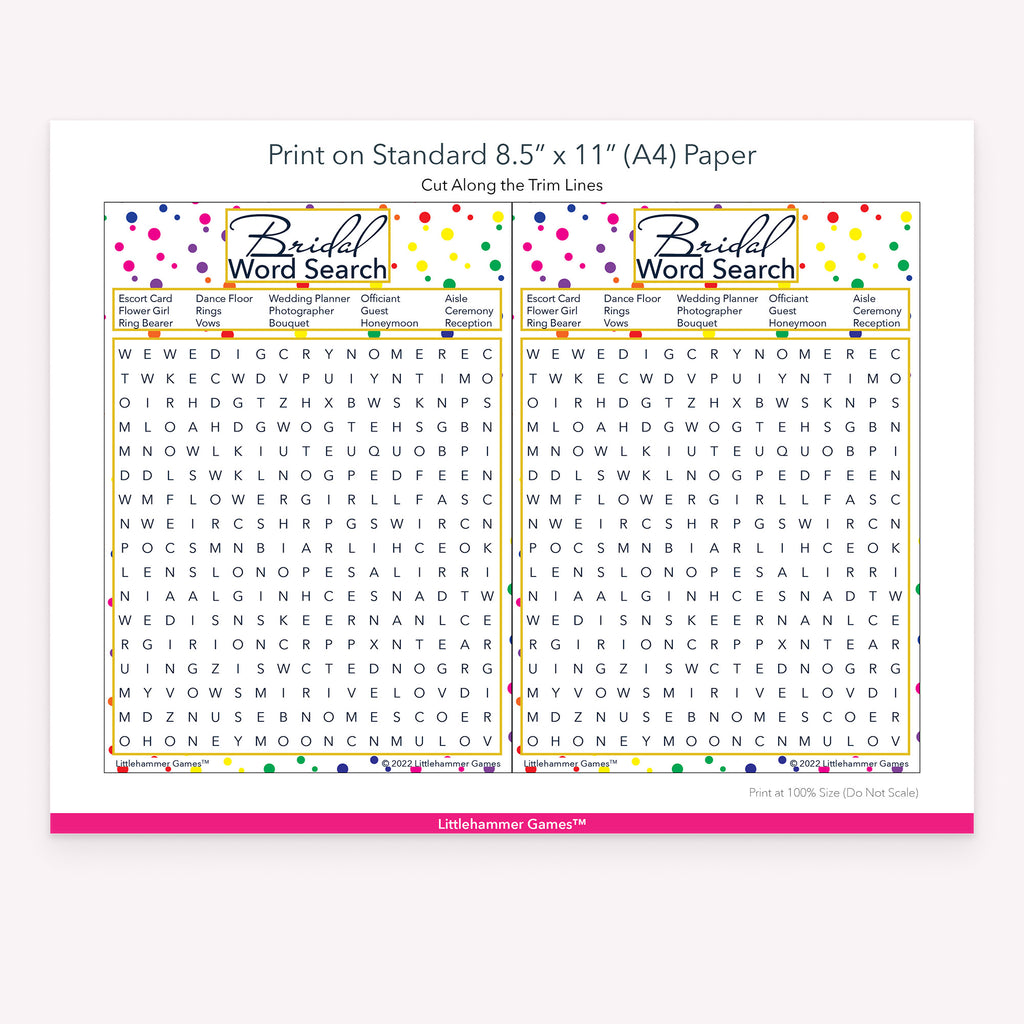 Bridal Word Search rainbow polka dot game cards with printing instructions