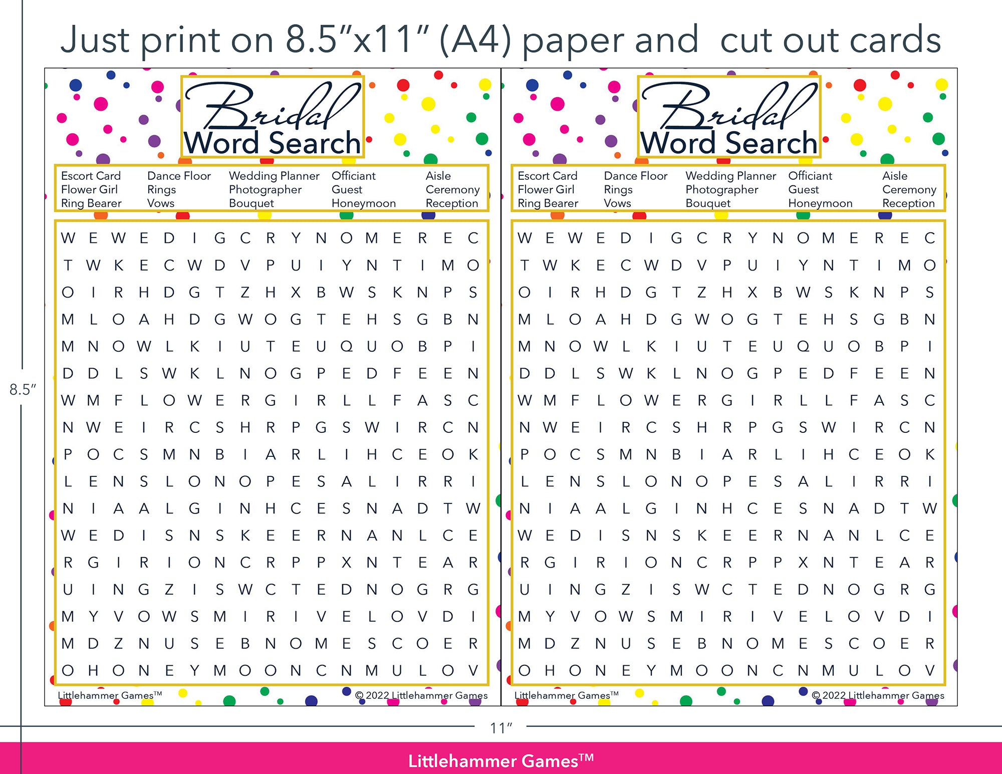 Bridal Word Search rainbow polka dot game cards with printing instructions