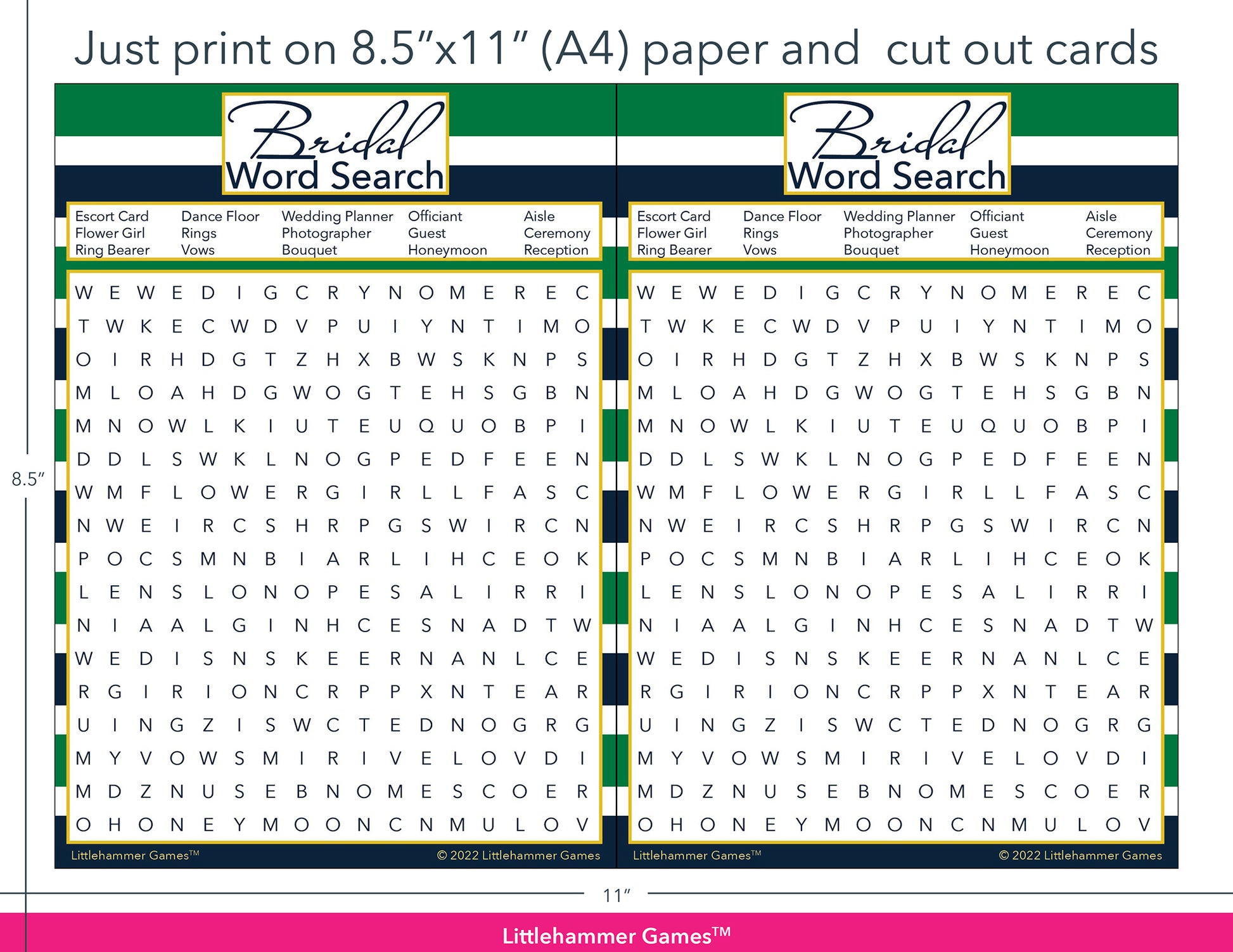 Bridal Word Search green and navy-striped game cards with printing instructions