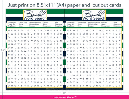 Bridal Word Search green and navy-striped game cards with printing instructions