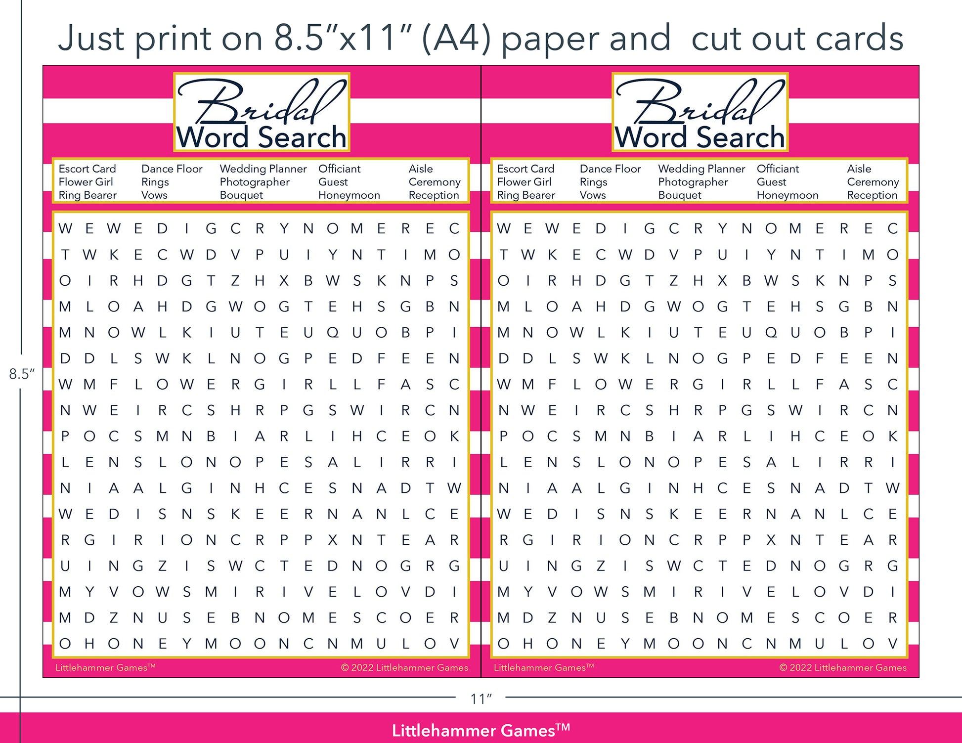 Bridal Word Search pink-striped game cards with printing instructions
