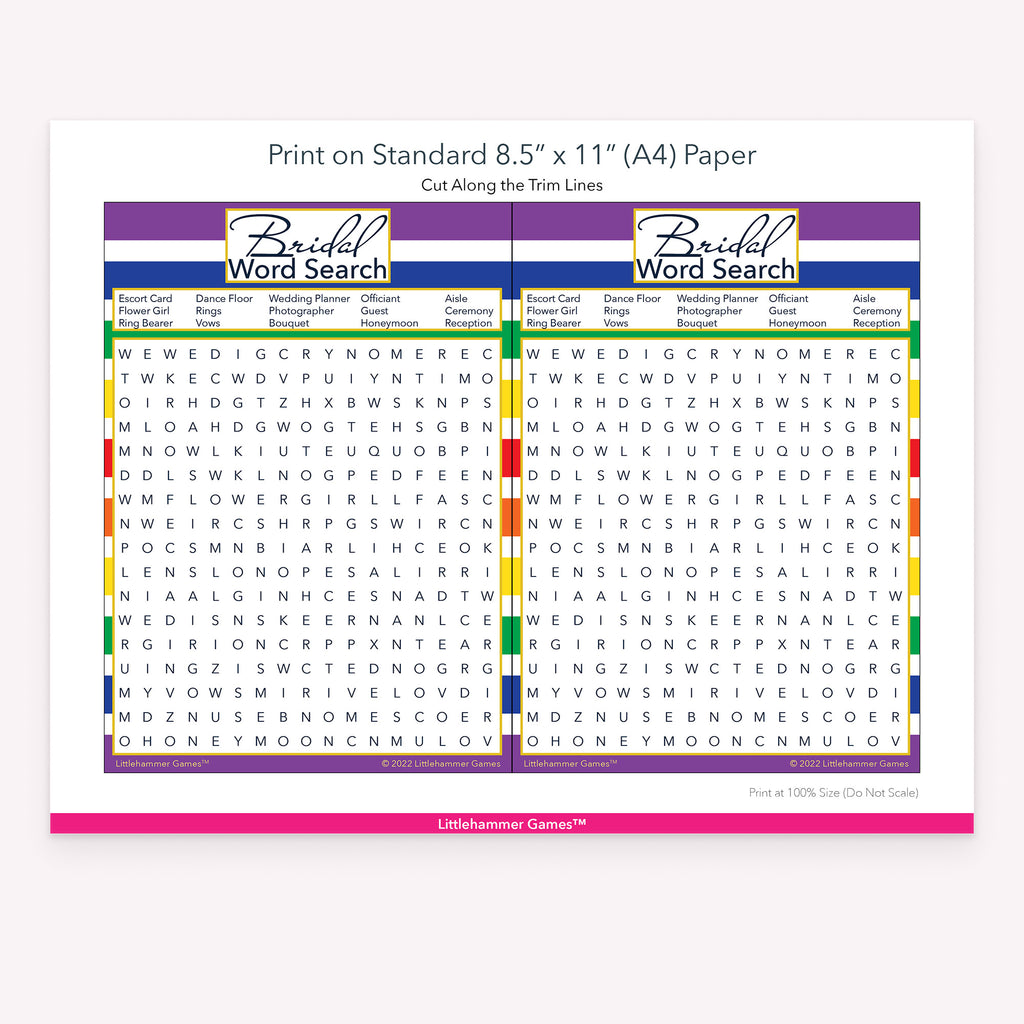 Bridal Word Search rainbow-striped game cards with printing instructions