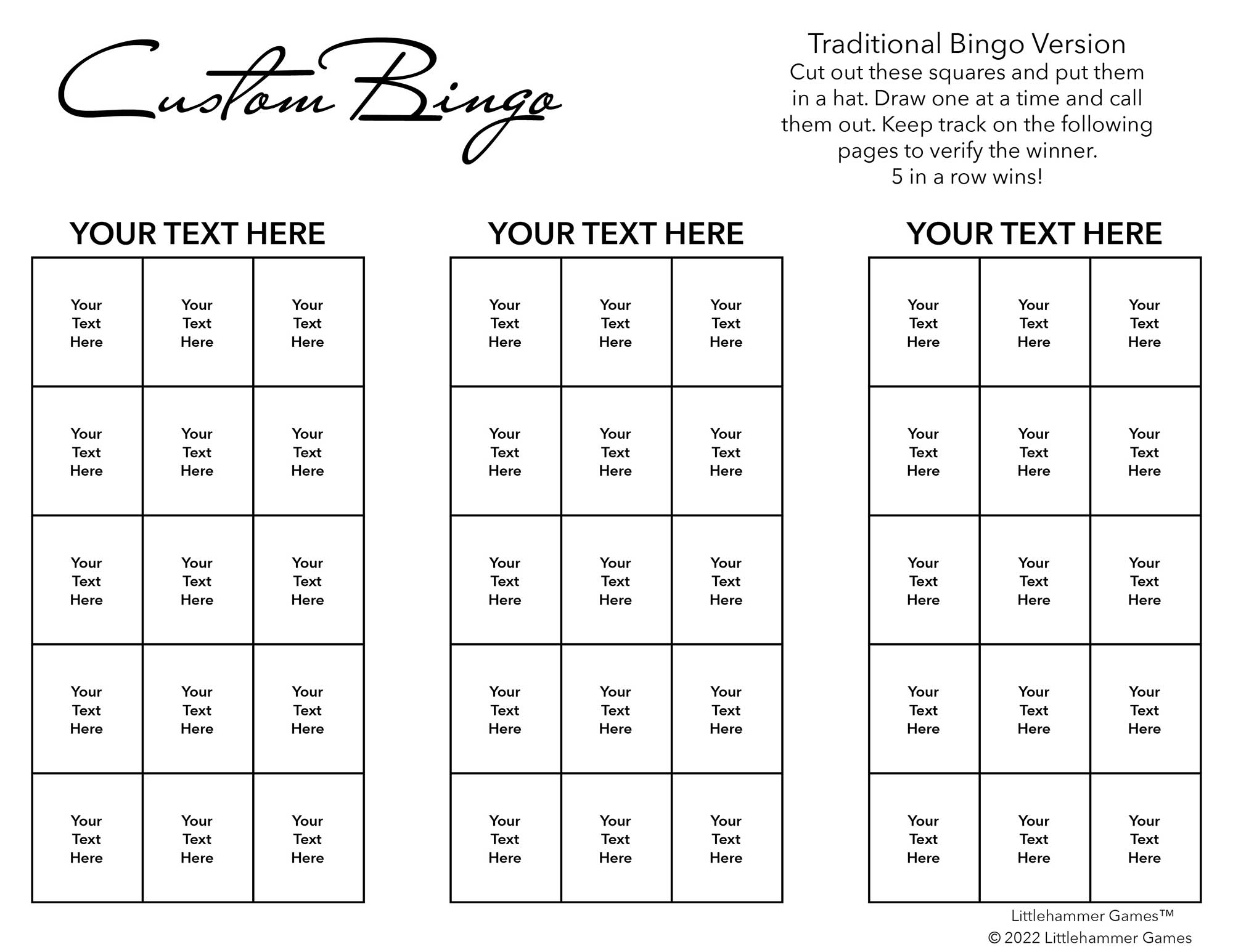 Custom Bingo calling card with with black text on a white background