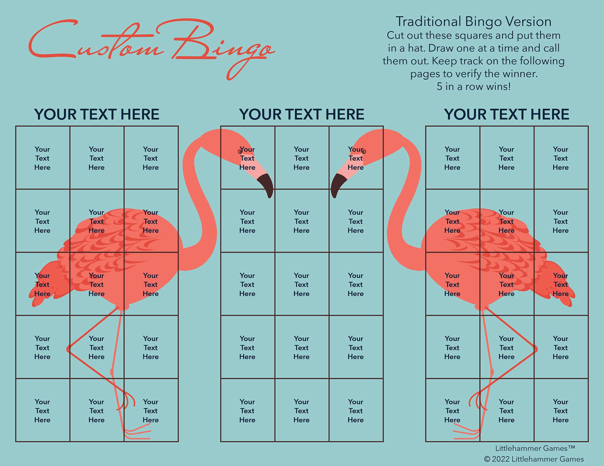Custom Bingo calling card with a flamingo background