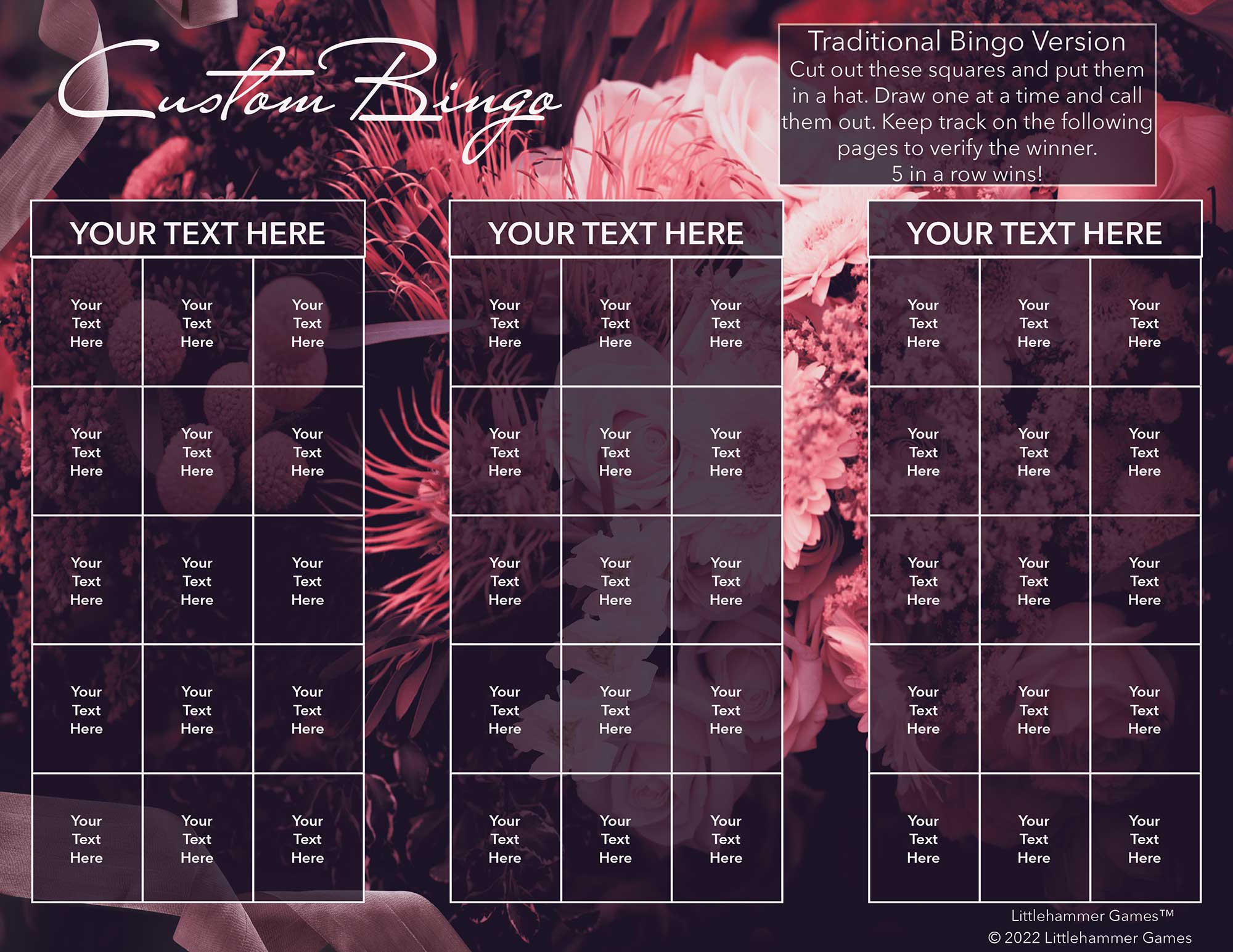 Custom Bingo calling card with a dark floral background
