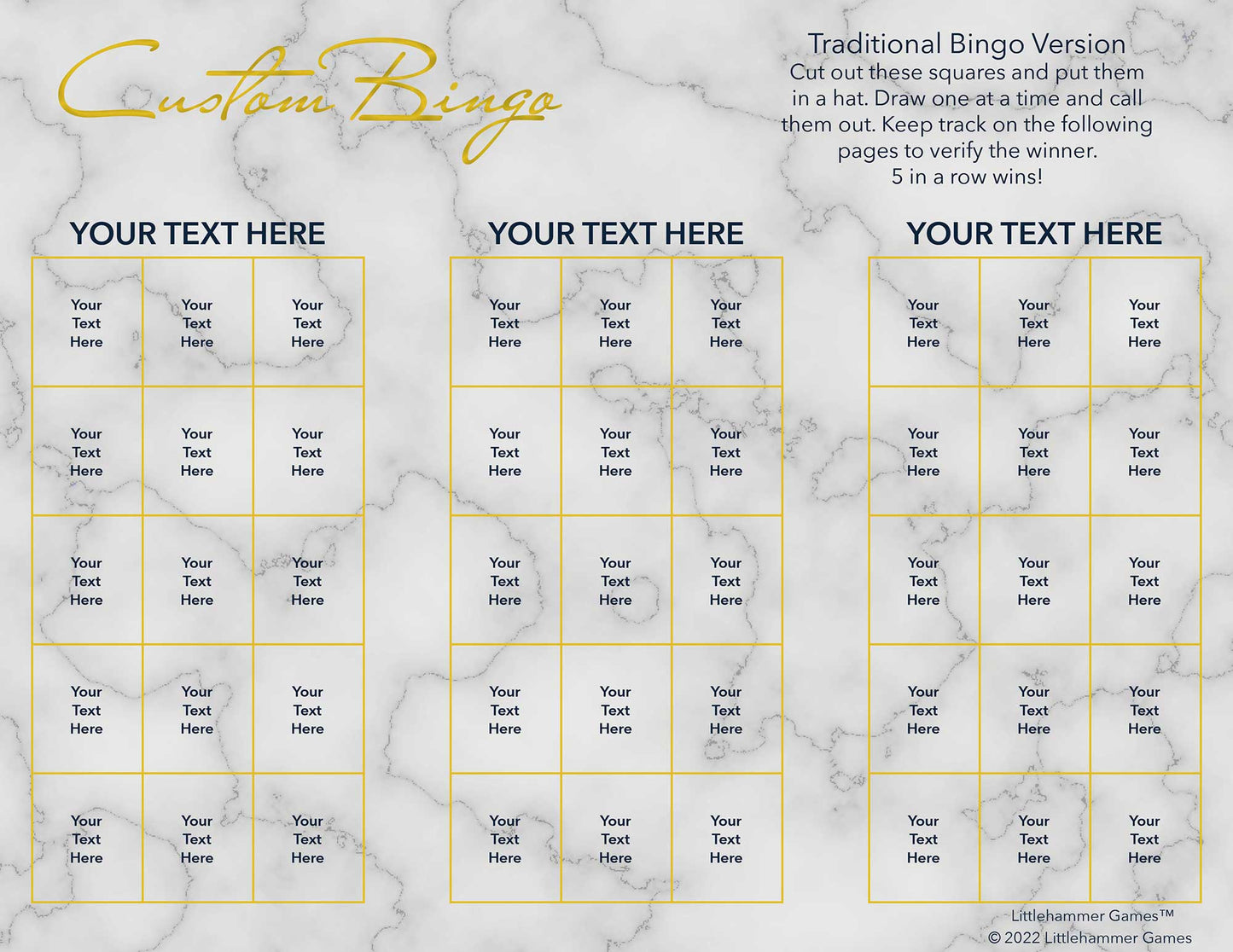 Custom Bingo calling card with gold text on a marble background