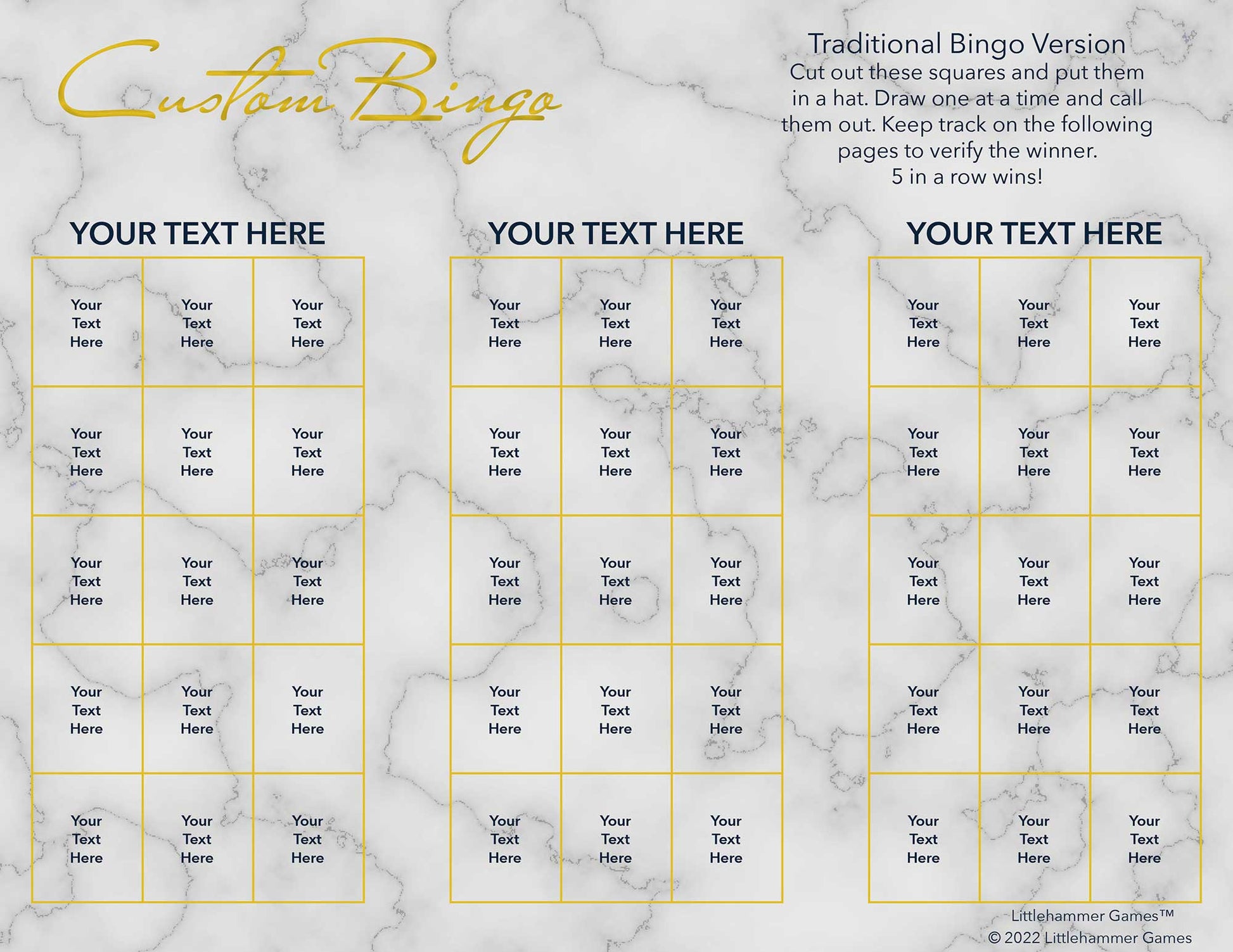 Custom Bingo calling card with gold text on a marble background