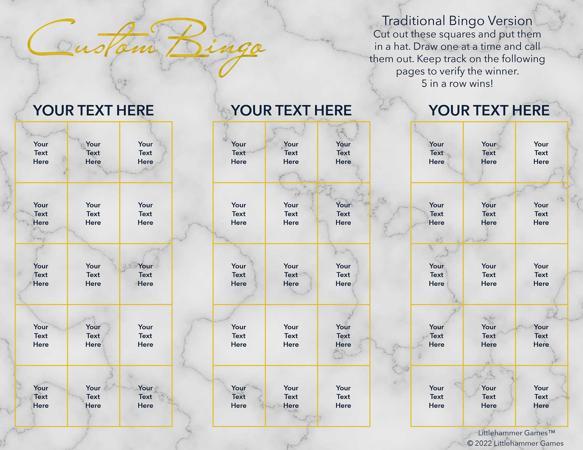 Custom Bingo calling card with gold text on a marble background