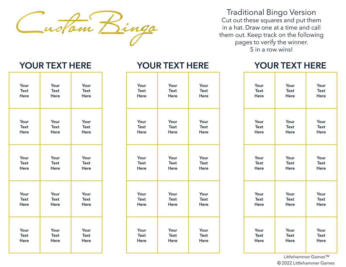 Custom Bingo calling card with gold text on a white background