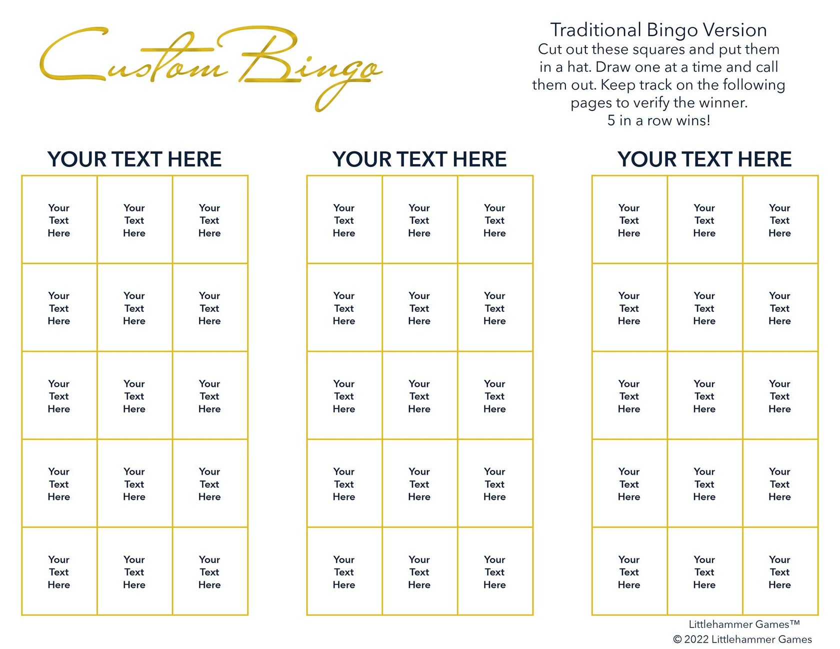 Custom Bingo Set - Gold Printable Game Cards – Littlehammer Games