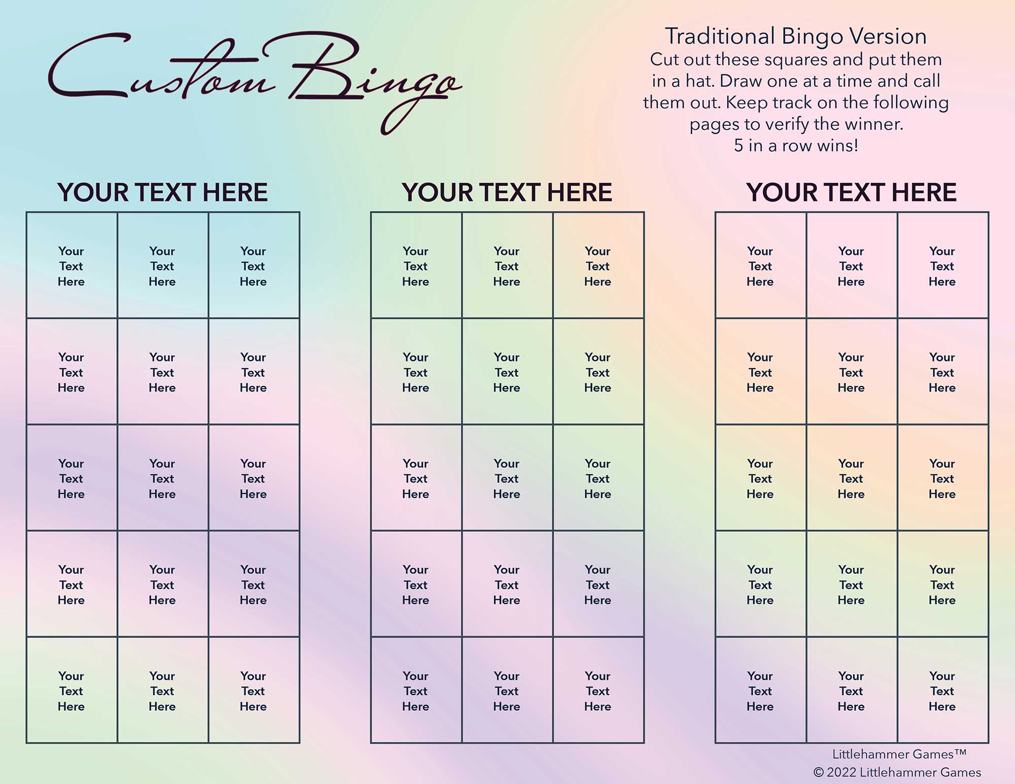 Custom Bingo calling card with a holographic background