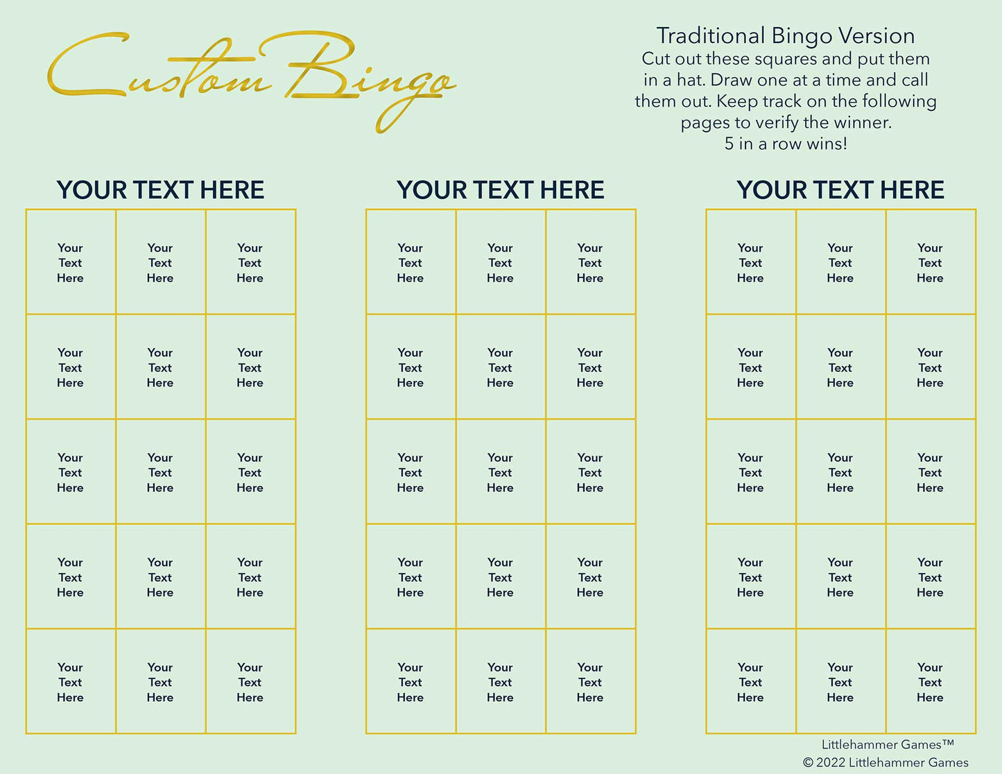 Custom Bingo calling card with gold text on a mint background